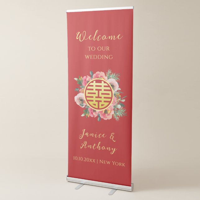 Modern pink floral wreath chinese wedding welcome retractable banner (3/4)