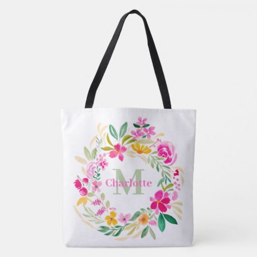 Modern pink floral wreath watercolor monogram tote bag