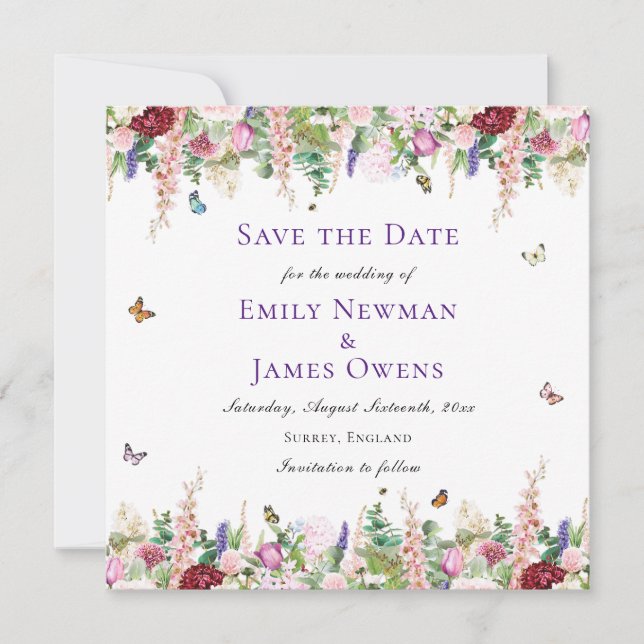 Modern Pink Florals & Butterflies Save the Date (Front)