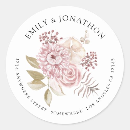 Modern Pink Florals Wedding Name Return Address Classic Round Sticker