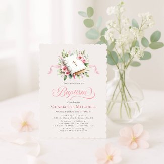 Modern Pink Flower Baptism Invitation