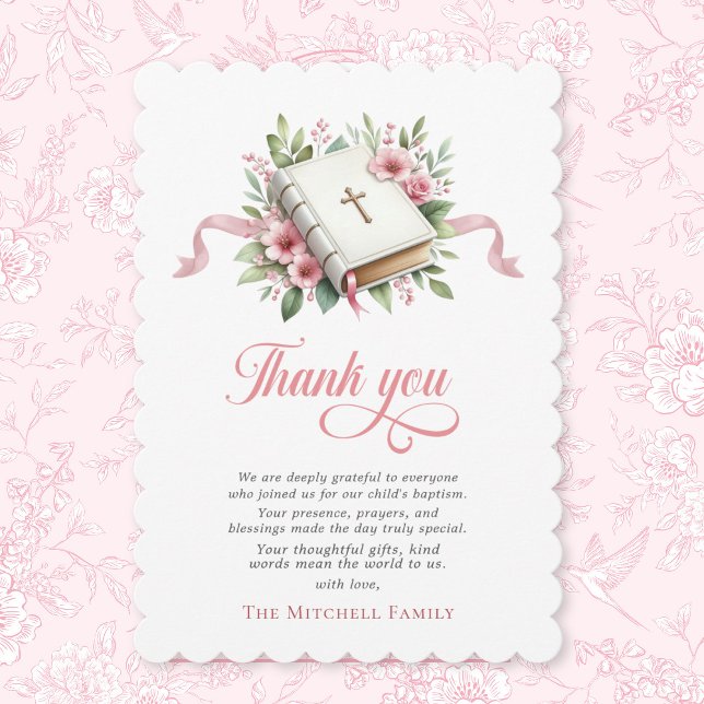 Modern Pink Flower Baptism Thank You Card (Creator Uploaded)