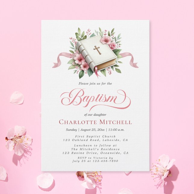 Modern Pink Flower Bible Baptism Invitation (Creator Uploaded)