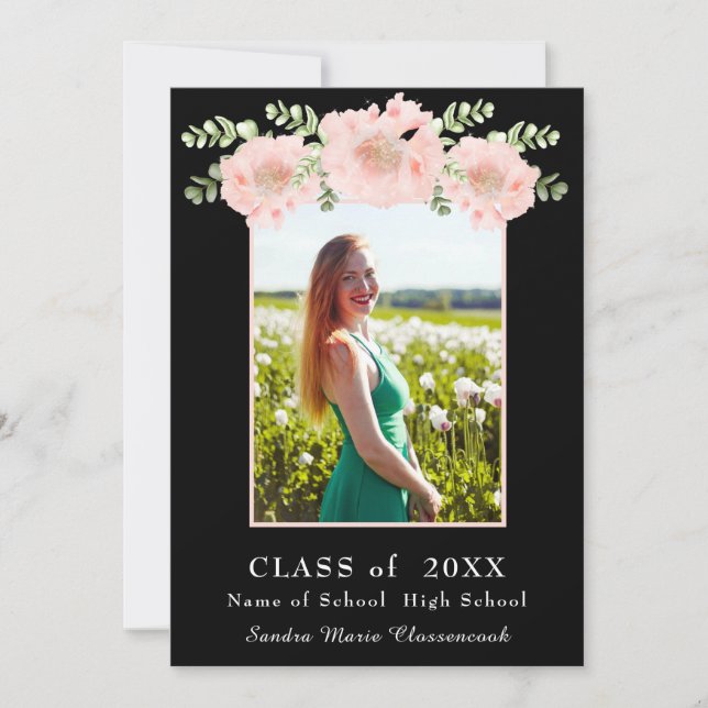 Modern, Pink Flower floral graduation announcement (Front)