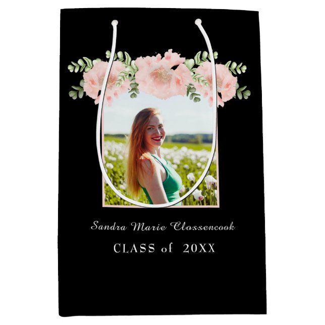 Modern, Pink Flower floral graduation class 2021 W Medium Gift Bag (Front)
