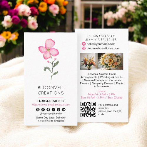 Modern pink flower stylish florist photos qr code business card