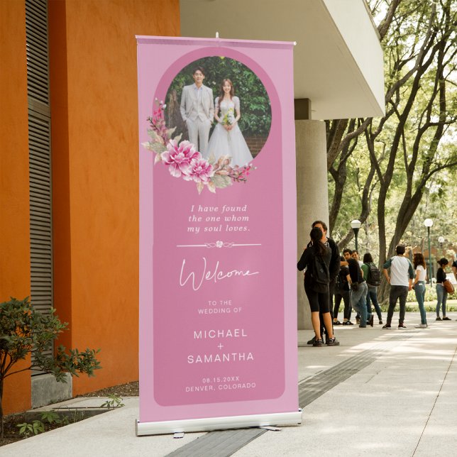 Modern Pink Flower Wreath Bouquet Wedding Welcome Retractable Banner (Creator Uploaded)
