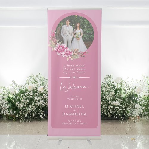 Modern Pink Flower Wreath Bouquet Wedding Welcome Retractable Banner