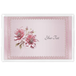 Modern Pink Flowers Acrylic Vanity Tray