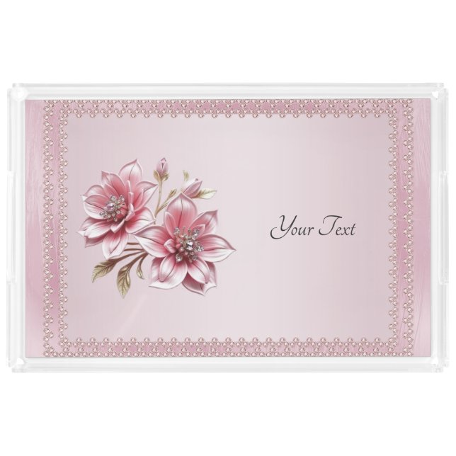 Modern Pink Flowers Acrylic Vanity Tray (Front)