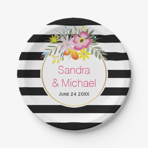 Modern pink flowers and stripes floral wedding paper plates