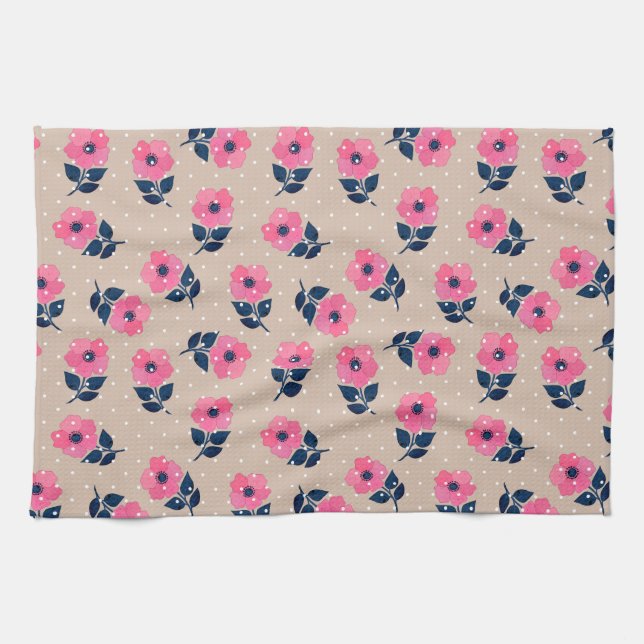 Modern Pink Flowers Beige Polka Dots Kitchen Towel (Horizontal)