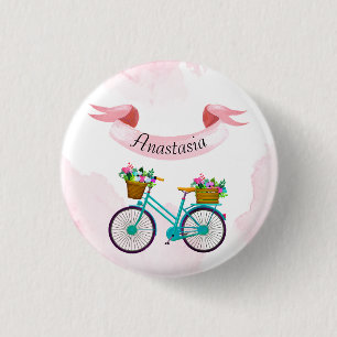 Modern Pink Flowers Bicycles Button