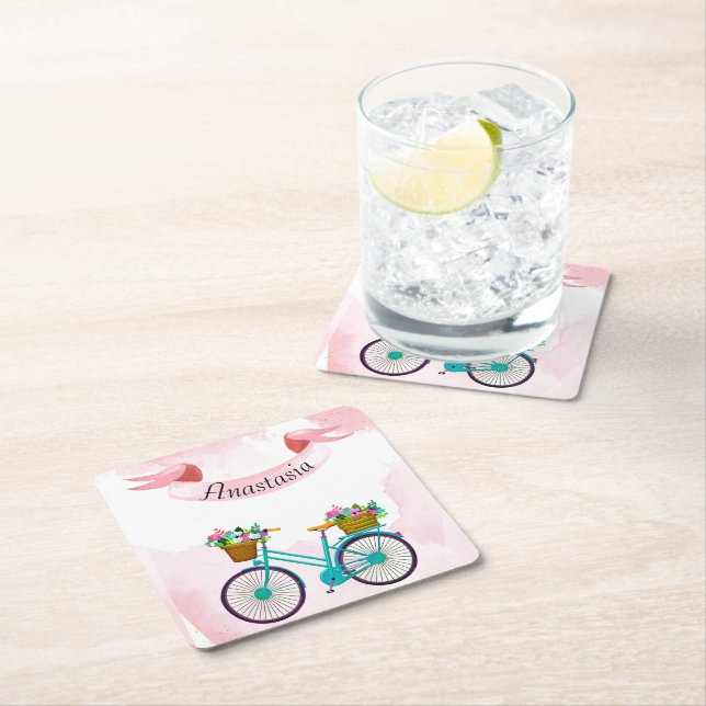 Modern Pink Flowers Bicycles  Square Paper Coaster (Insitu)