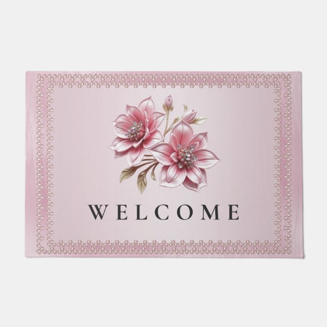 Modern Pink Flowers Doormat (Front)