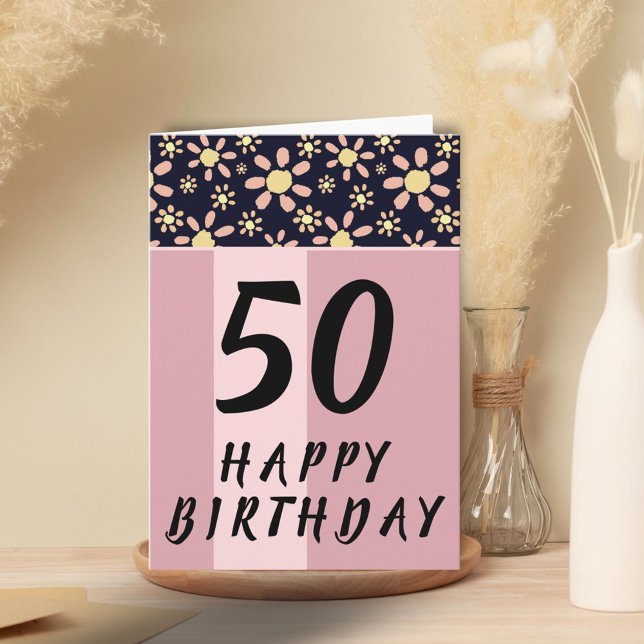 Modern Pink Flowers Floral Woman 50th Birthday Card (Creator Uploaded)