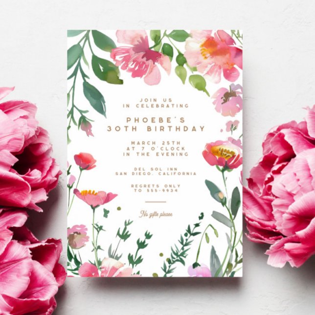 Modern Pink Flowers Gold Garden Birthday Party Invitation (Creator Uploaded)