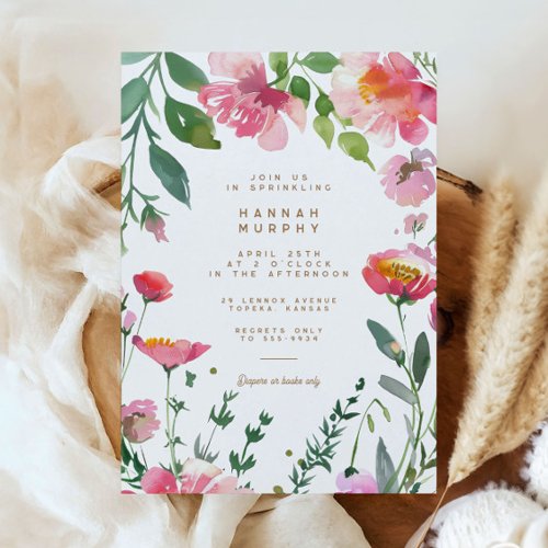 Modern Pink Flowers Gold Garden Girl Baby Sprinkle Invitation