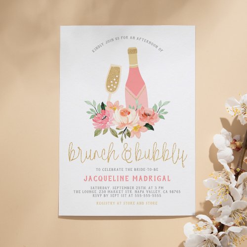 Modern Pink Flowers  Gold Glitter Brunch  Bubbly Invitation Postcard