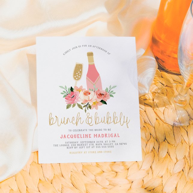 Modern Pink Flowers & Gold Glitter Brunch & Bubbly Invitation Postcard (Creator Uploaded)