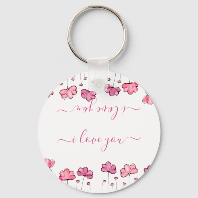 Modern Pink Flowers, I love you   Keychain (Front)