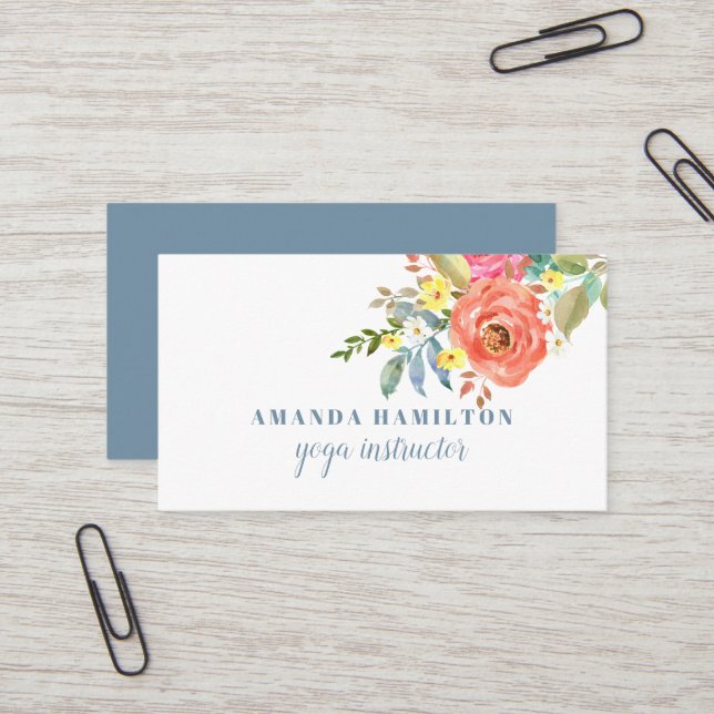 Modern Pink Flowers in bloom Watercolor Business Card (Front/Back In Situ)