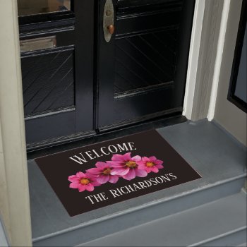 Modern Pink Flowers On Black Personalized Doormat by csinvitations at Zazzle