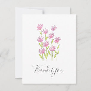 Modern Pink Flowers Pen and Watercolor Thank You Card