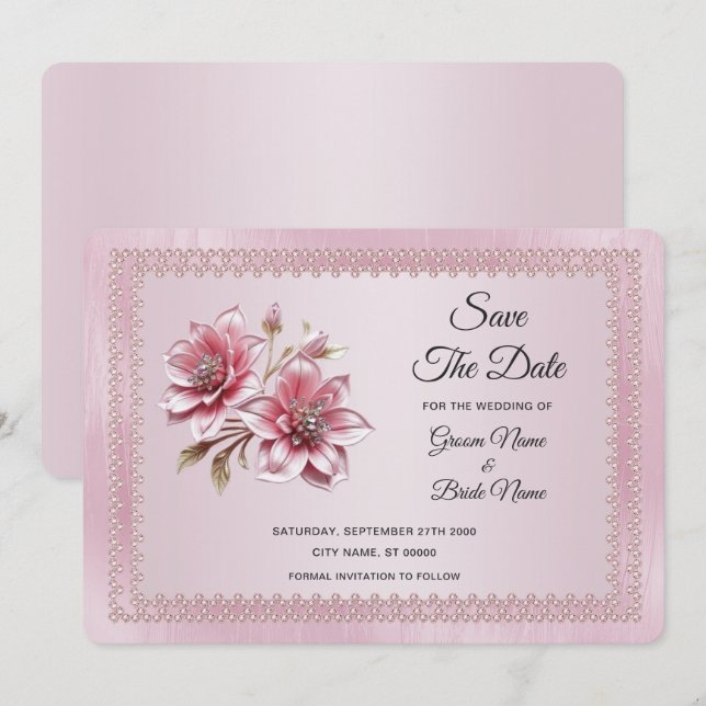Modern Pink Flowers Save The Date Card (Front/Back)