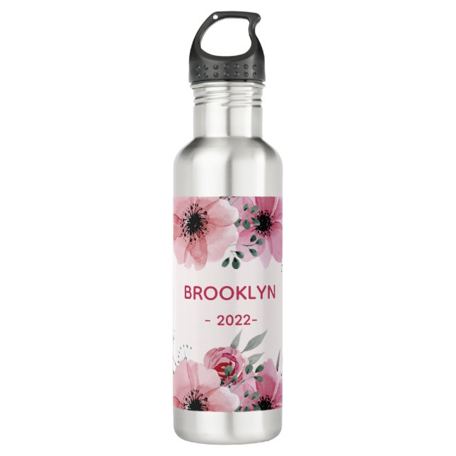 Modern Pink Flowers  Stainless Steel Water Bottle (Front)