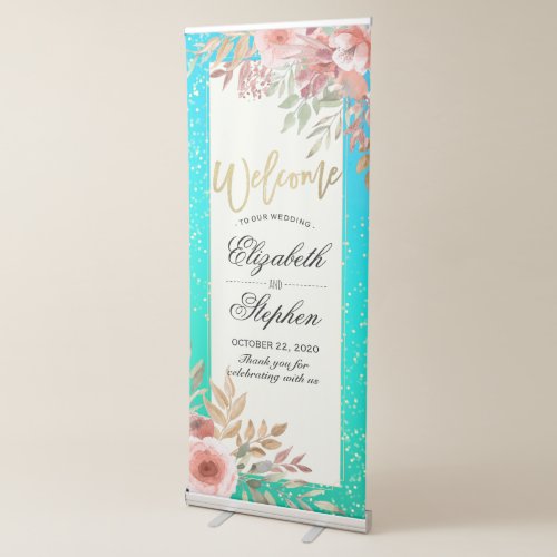 Modern Pink Flowers Teal Gold Dots Wedding Welcome Retractable Banner