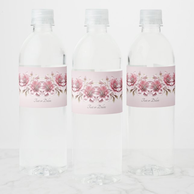 Modern Pink Flowers Water Bottle Label (Bottles)