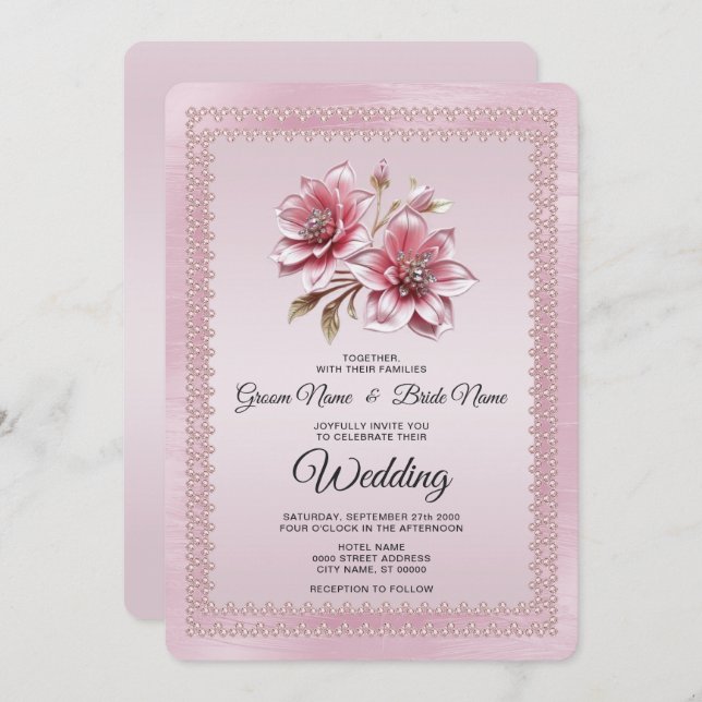 Modern Pink Flowers Wedding Invitation (Front/Back)