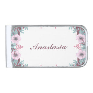 Modern Pink Flowers with name Silver Finish Money Clip