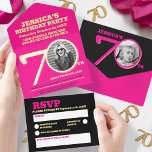 Modern pink foil two photos 70th Birthday All In One Invitation<br><div class="desc">Bold simple graphic bright hot pink, black and gold (real gold foil inside) photo template all-in-one 70th birthday party invitation. Personalize this detachable milestone birthday invitation with your own birthday party event details, and two different photos of your birthday girl. Invite comes with a simple RSVP detachable reply card where...</div>
