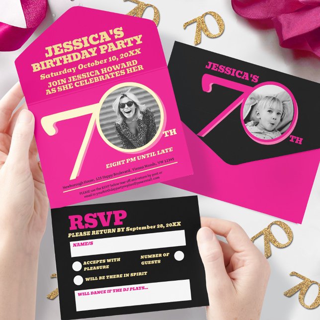  Modern pink foil two photos 70th Birthday All In One Invitation (Creator Uploaded)