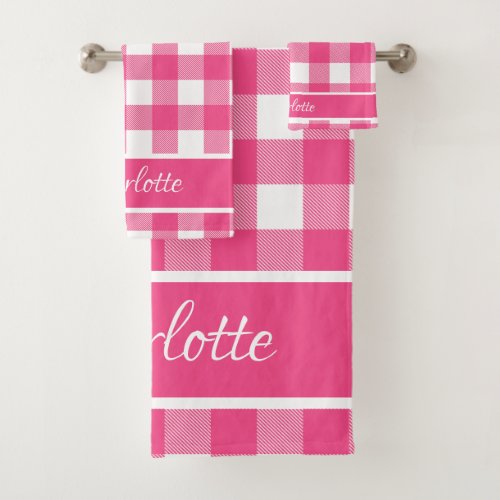 Modern Pink French Rose White Buffalo Checks Bath Towel Set