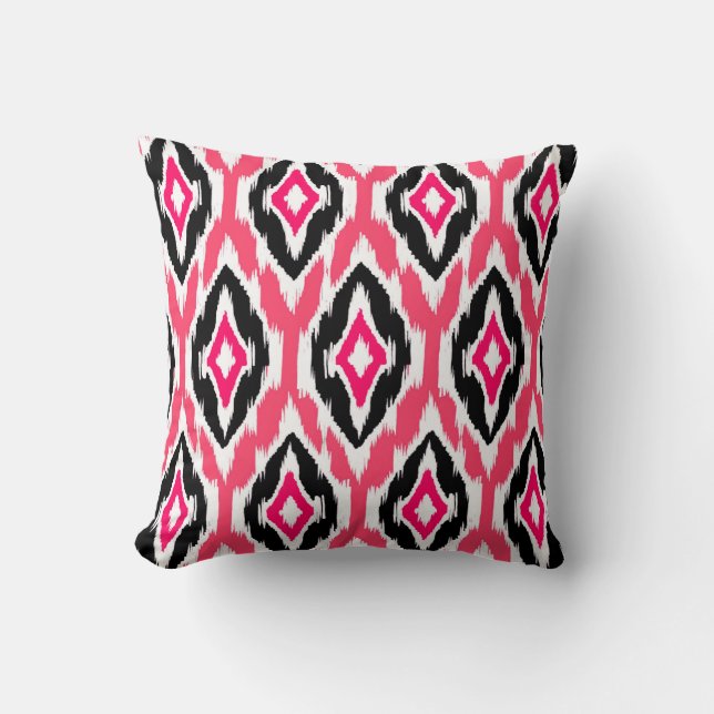 Modern pink fuchsia black Ikat Tribal Pattern 1a Throw Pillow (Front)