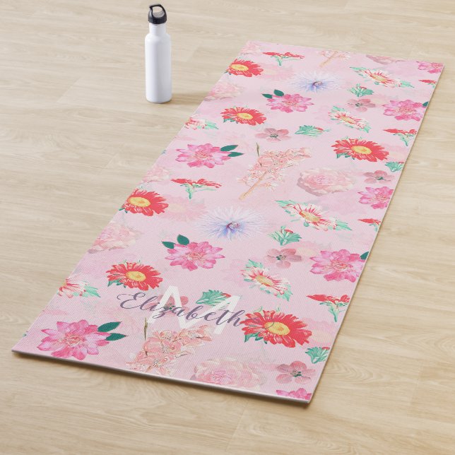 Modern Pink Garden Floral Yoga Mat (In Situ)