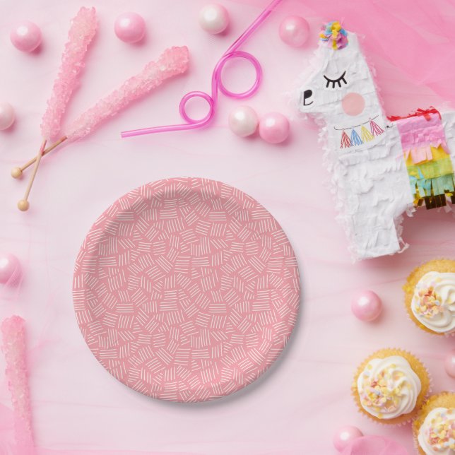 Modern Pink Geometric Pattern Girls Baby Shower Paper Plates (Party)