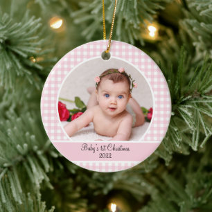 Modern Pink Gingham Baby Photo Ceramic Ornament
