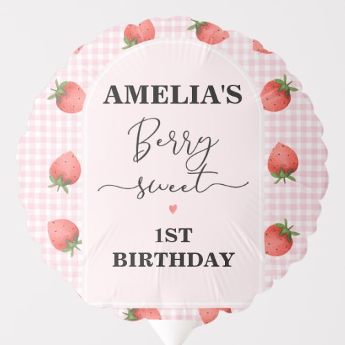 Modern Pink Gingham Berry Sweet 1st Birthday Balloon