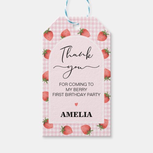 Modern Pink Gingham Berry Sweet 1st Birthday Gift Tags