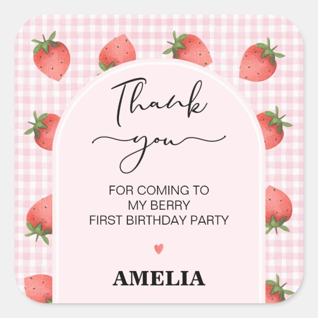 Modern Pink Gingham Berry Sweet 1st Birthday Square Sticker (Front)