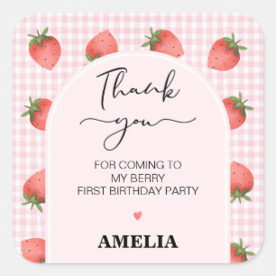 Modern Pink Gingham Berry Sweet 1st Birthday Square Sticker