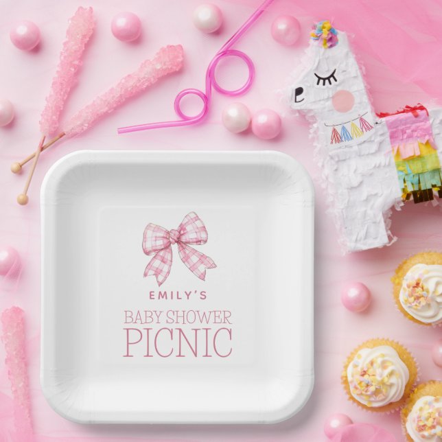 Modern Pink Gingham Bow Name Baby Shower Picnic Paper Plates (Party)