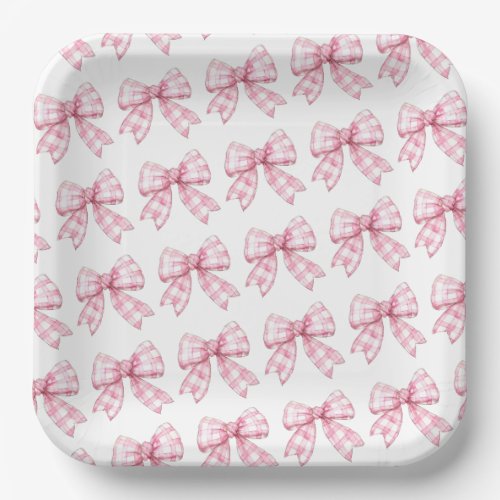 Modern Pink Gingham Bow Pattern Baby Shower Paper Plates