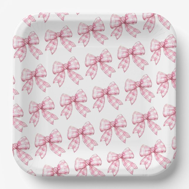 Modern Pink Gingham Bow Pattern Baby Shower Paper Plates (Front)