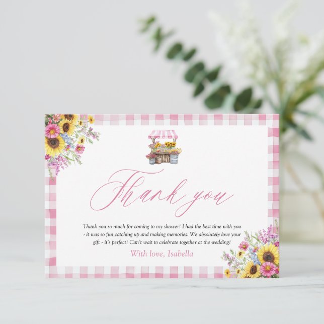 Modern Pink Gingham Fresh Off The Market Thank you Enclosure Card (Standing Front)