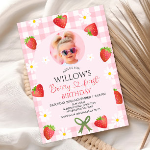 Modern Pink Gingham Heart Berry First Birthday Invitation
